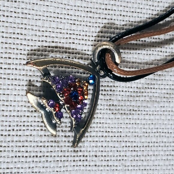 Rustic Antique Bronze Rhinestones Tropical Fish Pendant Necklace Vegan Leather - Picture 2 of 11